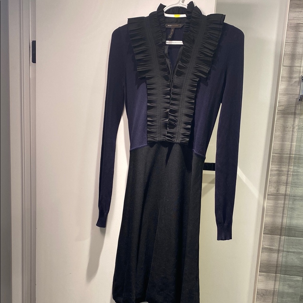 BCBG Elegant Black Dress with Ruffle tuxedo Detail size XS